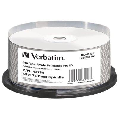 Verbatim BD-R BLU-RAY 25GB 6x WIDE PRINT. 25 43738 VBDRP610