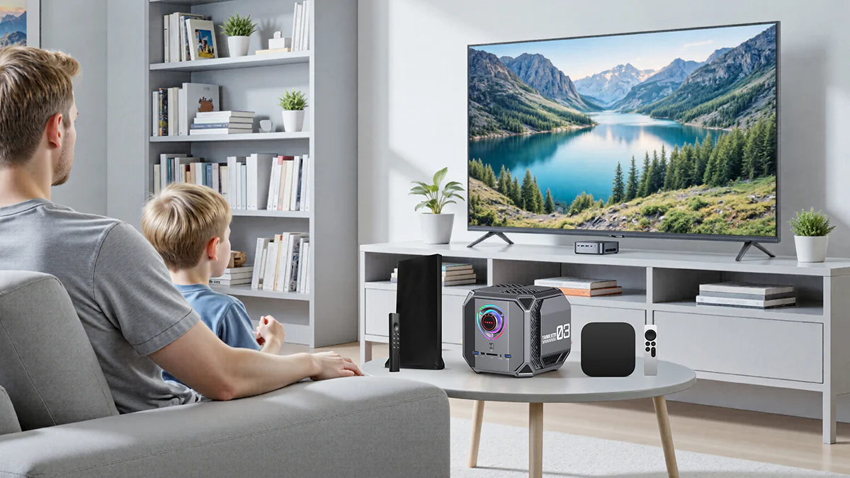 Mini PC podłączony do telewizora jako domowe centrum multimedialne